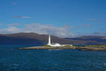Lismore Lighthouse on Eilean Musdile in Scotland. It is a lighthouse on a small islet in the south west of Lismore island.