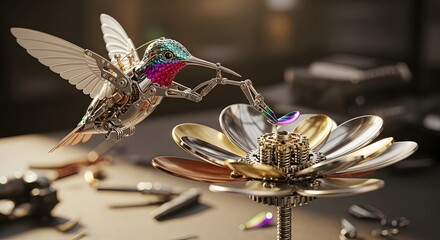 Fototapeta premium Mechanical hummingbird flower metal art gears wings robotics sculpture steampunk design intricate creation