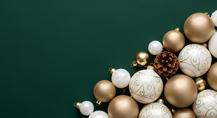 LUXURIOUS GOLD AND WHITE CHRISTMAS ORNAMENT CORNER ON ELEGANT DEEP GREEN BACKGROUND WITH COPY SPACE