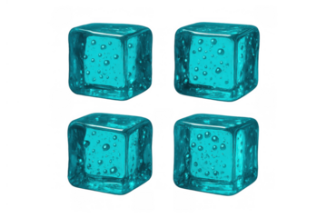 Four refreshing blue ice cubes with transparent background, showing coolness, chilling, and fresh drink concepts