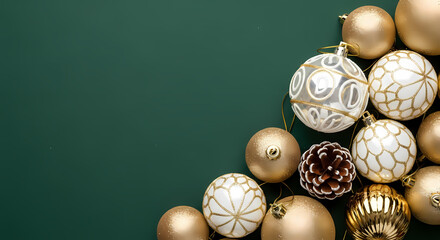 GOLD AND WHITE CHRISTMAS ORNAMENTS ON ELEGANT DARK GREEN BACKGROUND