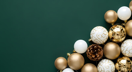 ELEGANT CHRISTMAS BACKGROUND WITH GOLD AND WHITE BAUBLES ON RICH EMERALD GREEN TEXTURED PAPER