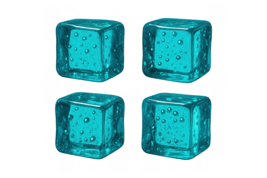 Four refreshing blue ice cubes with transparent background, showing coolness, chilling, and fresh drink concepts