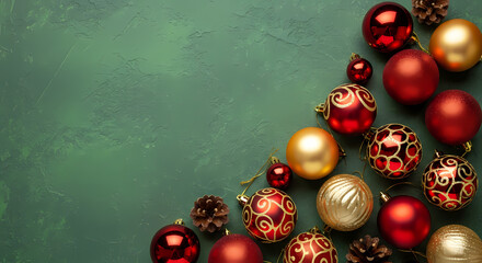 FESTIVE RED AND GOLD CHRISTMAS ORNAMENT FRAME ON TEXTURED GREEN BACKGROUND WITH COPY SPACE