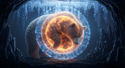 Frozen Future Hibernating Bear Encased in a Protective Energy Shield in an Ice Cave