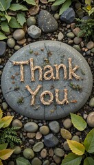Fototapeta premium “Thank You ” message written with leaves or stones in a garden setting.