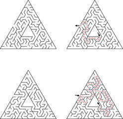 Four triangular mazes with two showing a red dashed solution path