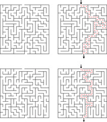 Four square mazes with two solved paths indicated by red dashed lines labyrinth puzzle