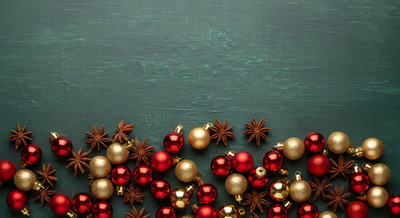 FESTIVE CHRISTMAS ORNAMENTS AND SPICES BORDER ON RUSTIC DARK GREEN BACKGROUND WITH COPY SPACE