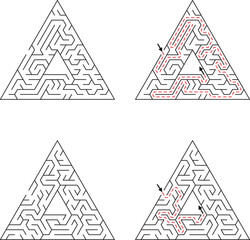 Four triangular mazes with two showing a red dashed solution path 