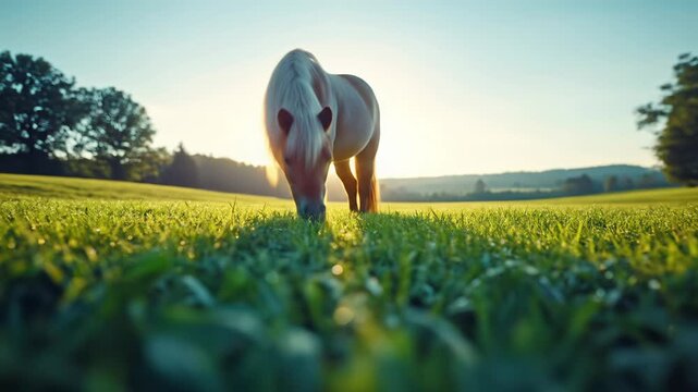 Small horse grazing in sunny green field at sunrise or sunset low angle view