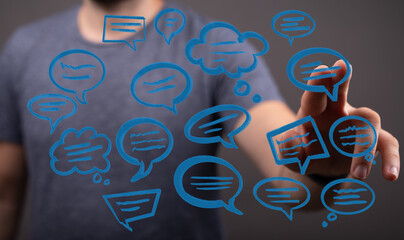 Person interacting with various digital message bubbles, representing communication and social media concepts.