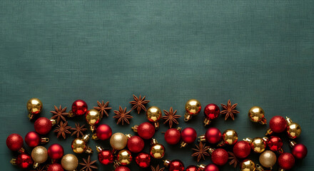 ELEGANT RED AND GOLD CHRISTMAS BAUBLES BORDER ON DARK GREEN TEXTILE WITH COPY SPACE