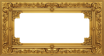 Ornate antique gold picture frame with intricate floral and scrollwork detailing on a black background