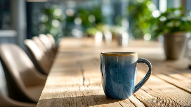 A captivating close-up of a stylish blue mug on a textured wooden table, illuminated by soft natural light in a serene setting.