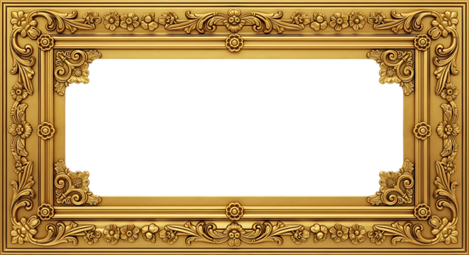 Ornate antique gold picture frame with intricate floral and scrollwork detailing on a black background