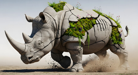 Dynamic conceptual artwork of a majestic stone rhinoceros, its cracked form giving way to vibrant green flora, symbolizing resilience, environmental regrowth, and the enduring power of nature