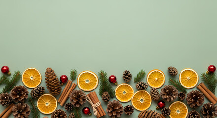 RUSTIC CHRISTMAS BORDER: NATURAL WINTER DECORATIONS ON SAGE GREEN BACKGROUND