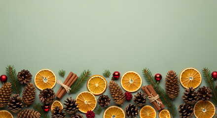 FESTIVE NATURAL CHRISTMAS BORDER ON SAGE GREEN BACKGROUND WITH COPY SPACE