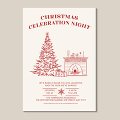 Christmas celebration night invitation with hand drawn Christmas tree and fireplace. Vector illustration Christmas party invitation template.