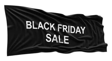 A black fabric flag with the words black friday sale printed in white letters, isolated on transparent background