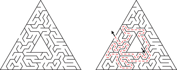 Triangular maze with solved path indicated by red dashed lines and arrows labyrinth