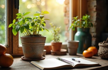 Green potted plant on windowsill with additional plants and decorative items creating a cozy indoor scene