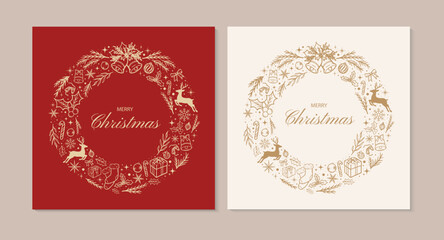 Christmas greeting card set with circular wreath-style holiday elements. Vector illustration hand-drawn Christmas greeting card.