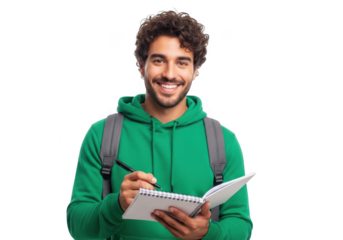 Smiling young man with curly hair wearing a green hoodie and backpack writing in a notebook isolated on transparent background