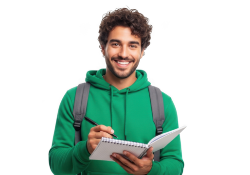 Smiling young man with curly hair wearing a green hoodie and backpack writing in a notebook isolated on transparent background