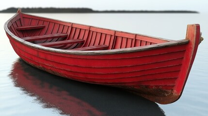 A striking red wooden boat is afloat on calm waters during sunset by the shore