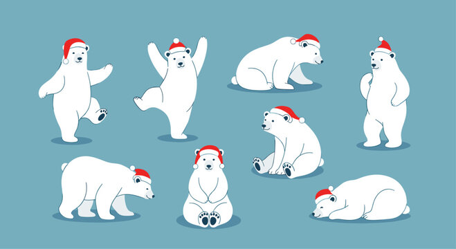 A charming collection of cartoon polar bears wearing Santa hats in various playful poses against a light blue background, perfect for winter and holiday themes.