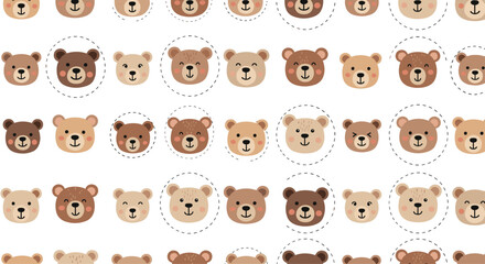 Seamless pattern featuring adorable cartoon bear faces in various shades of brown, arranged on a clean white background, perfect for children's designs.