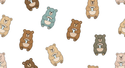 Seamless pattern featuring adorable cartoon bears enjoying a warm beverage in mugs, creating a cozy and whimsical design for various applications.