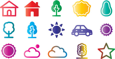 Colorful icons of house tree sun car cloud and star on a black background