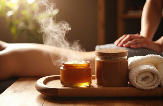 Relaxing massage session with aromatic oils and towels in a wellness spa setting