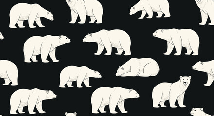 Seamless pattern featuring charming illustrations of polar bears in various poses against a dark background, ideal for winter themes and arctic designs.