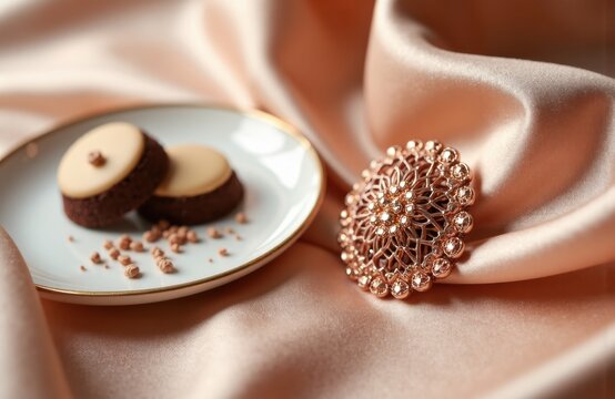 A close-up of elegant jewelry and cookies arranged on silky fabric for a luxurious display