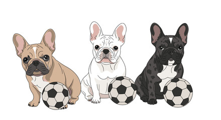 Three adorable French bulldog puppies sit with soccer balls, showcasing a playful and sporty theme perfect for pet-related content or advertising campaigns.