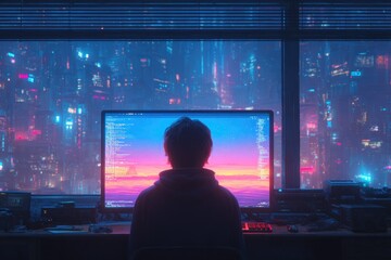 Silhouette of person at computer with vibrant cityscape reflecting through glass