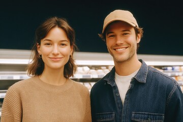 Bright smiles of young adults in casual attire create friendly atmosphere in store