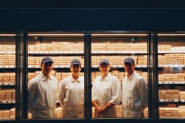 Team of dedicated workers stands proudly in front of neatly stacked products, showcasing professionalism and teamwork