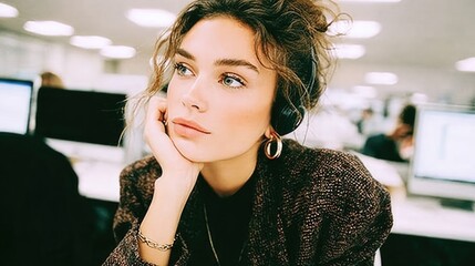 Focused individual in office environment, showcasing contemplative expression and modern style