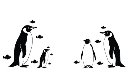 A charming illustration depicts a family of penguins amidst a school of small fish, creating a whimsical and delightful scene of Antarctic wildlife.