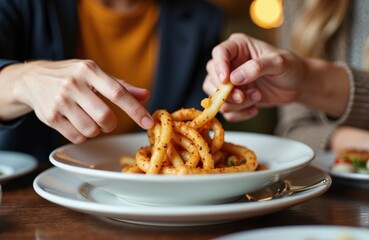 Two people share a plate of spaghetti pasta at a dining table in a casual setting