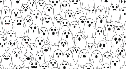 A large collection of adorable cartoon ghosts with various expressions fills the frame, creating a playful and spooky pattern perfect for halloween designs or backgrounds.
