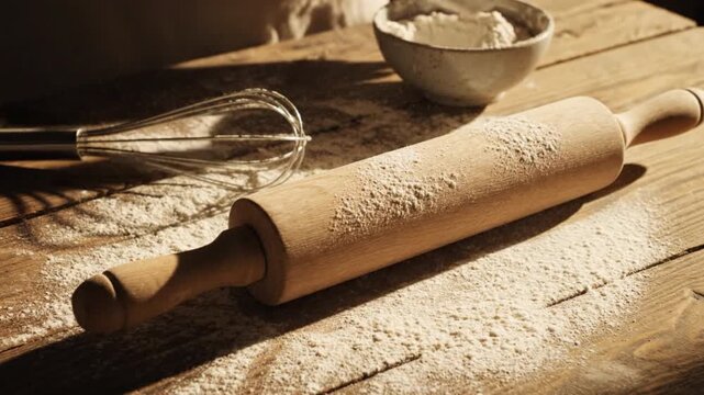 A wooden rolling pin and whisk on a rustic table, flour spilling as ingredients are prepared for baking
