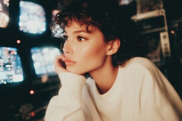 Thoughtful expression contrasts with glowing screens in cozy setting