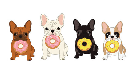 Adorable french bulldogs each hold a colorful frosted donut in their mouths, showcasing a playful and sweet illustration of canine indulgence.