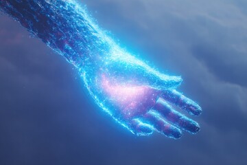 Glowing hand emanates energy, surrounded by ethereal clouds, showcasing power